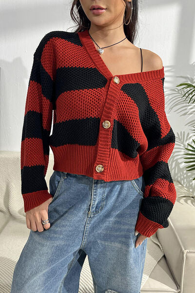 swvws Striped Button Up Dropped Shoulder Cardigan