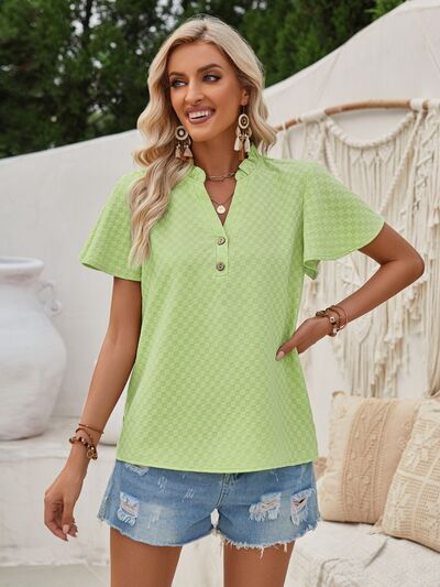 swvws Checkered Notched Flutter Sleeve Blouse