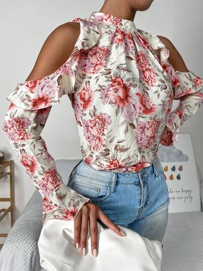 swvws Floral Cold Shoulder Ruffle Trim Blouse