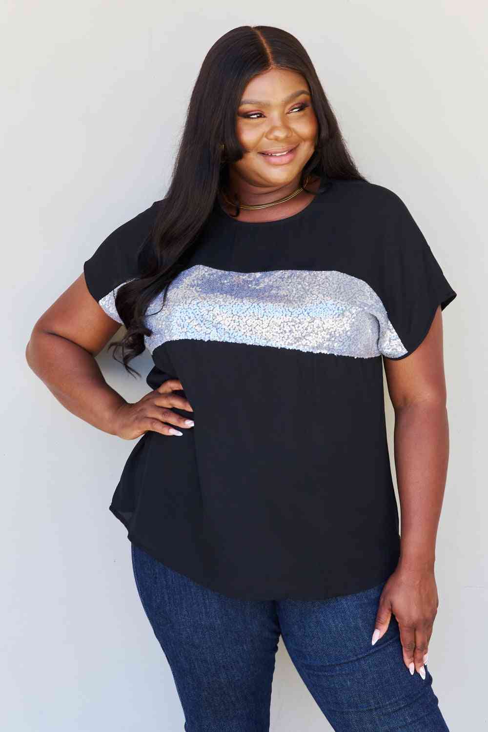 swvws Sew In Love Shine Bright Full Size Center Mesh Sequin Top in Black/Silver