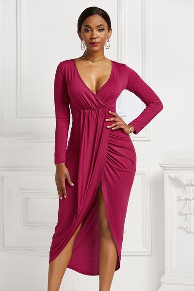 swvws High-low Ruched Surplice Long Sleeve Dress