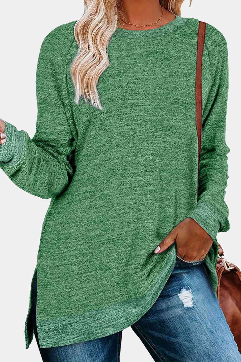 swvws Round Neck Long Sleeve Slit T-Shirt