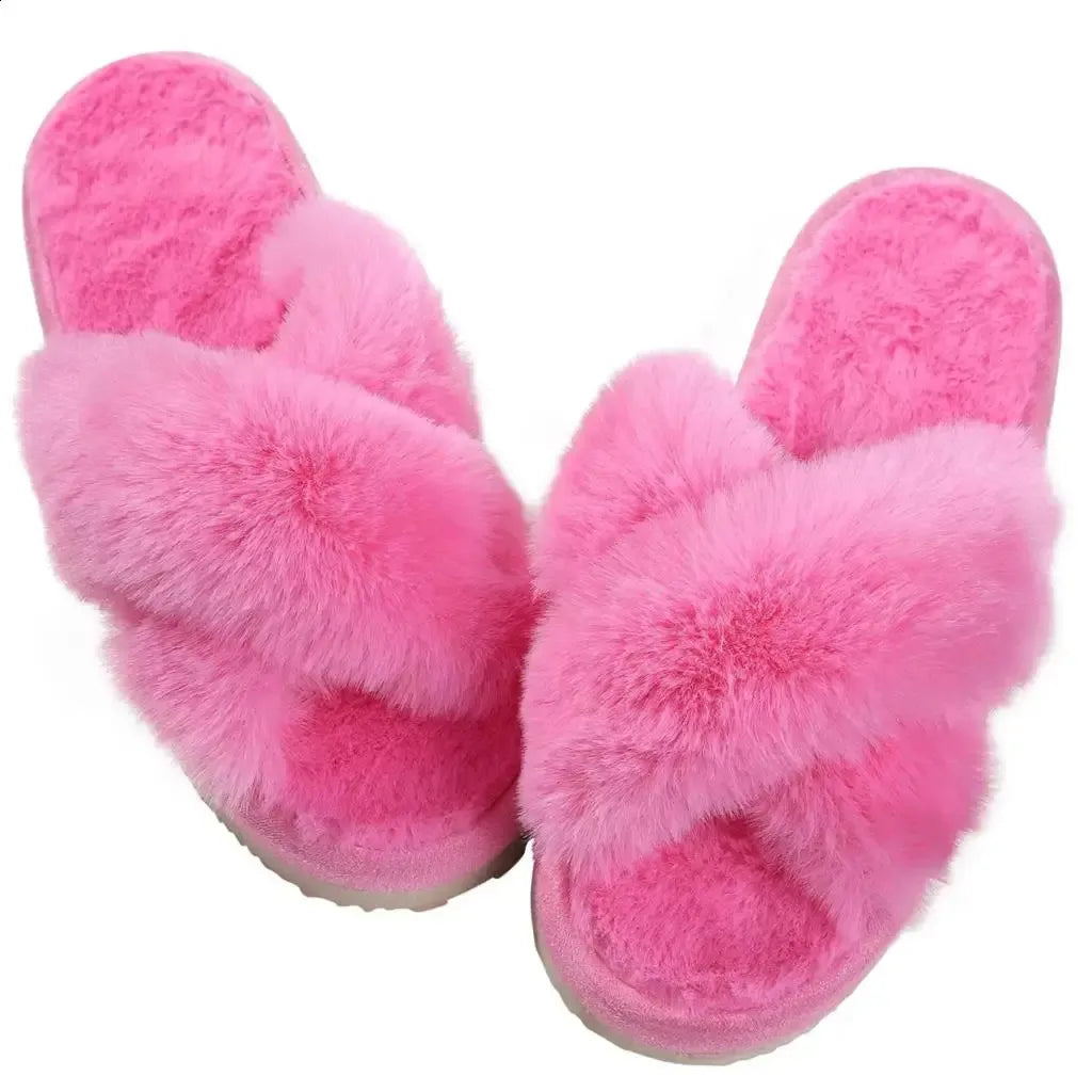 Eyriphy Womens Cross Band Fuzzy Slippers Women Fluffy Fur Slippers Memory Foam Plush Home Shoes Bedroom Slides Women Cozy Soft 240830