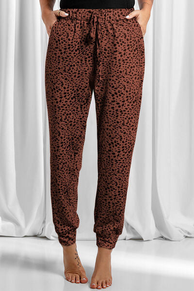 swvws Full Size Leopard Drawstring Pocketed Pants