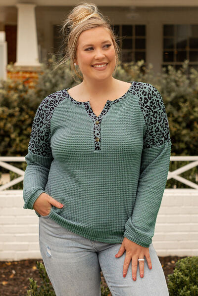 swvws Plus Size Leopard Waffle-Knit Long Sleeve T-Shirt