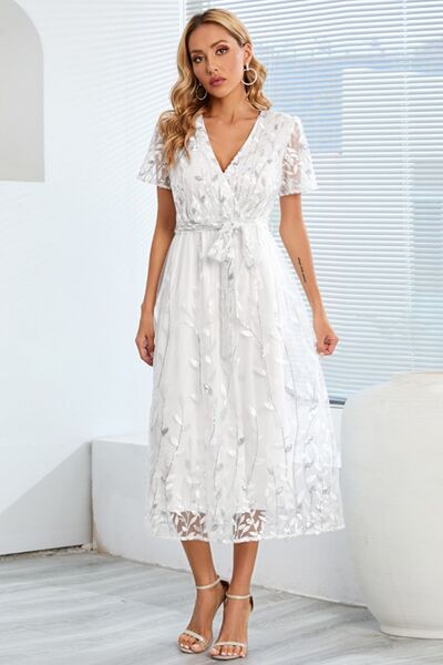 swvws Sequin Leaf Embroidery Tie Front Short Sleeve Dress