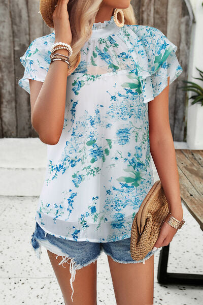 swvws Printed Ruffled Mock Neck Blouse