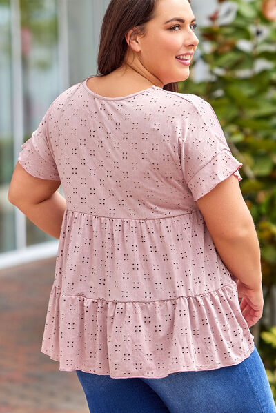 swvws Plus Size Eyelet Round Neck Short Sleeve Blouse