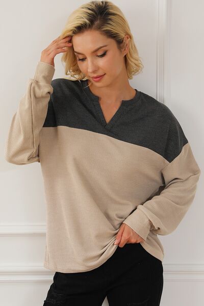 swvws Color Block Notched Long Sleeve Sweatshirt