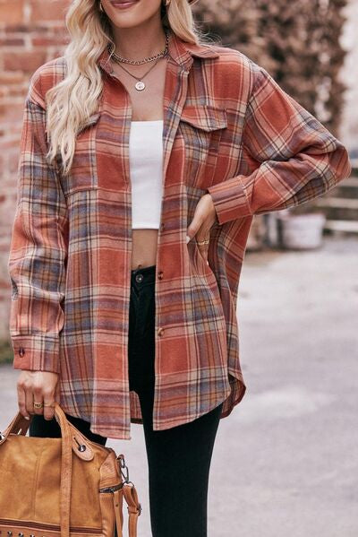 swvws Pocketed Plaid Button Up Dropped Shoulder Shirt