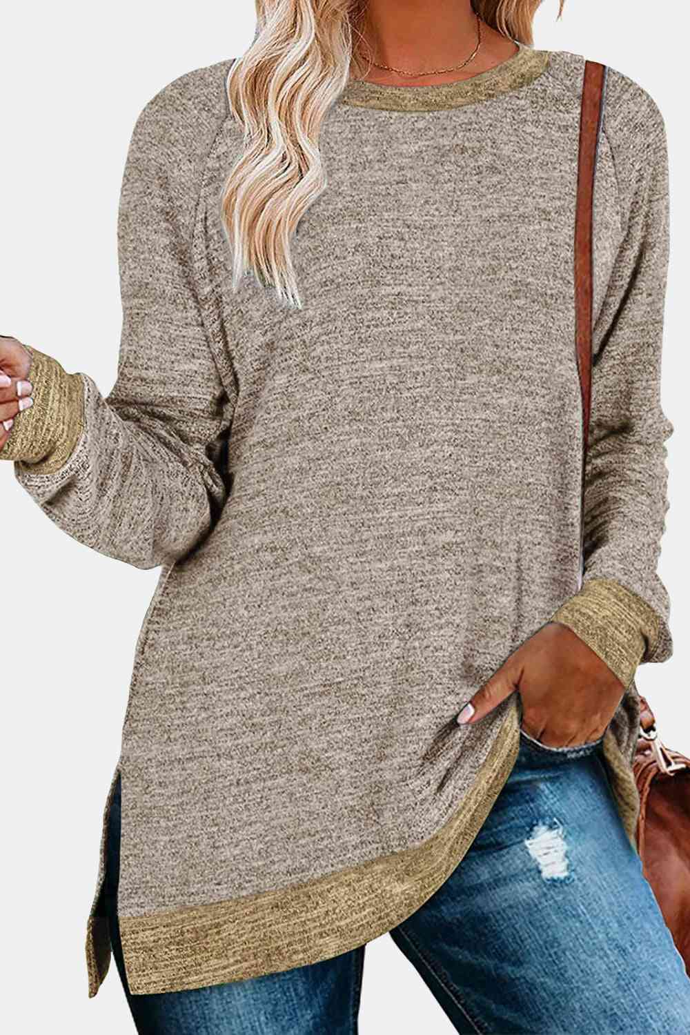 swvws Round Neck Long Sleeve Slit T-Shirt