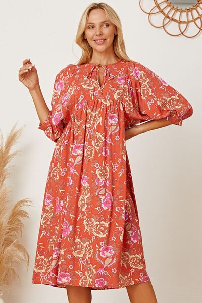 swvws Floral Tie Neck Half Sleeve Dress