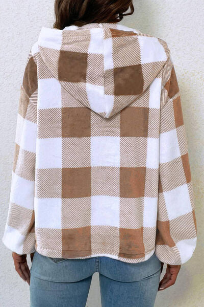 swvws Plaid Quarter Button Dropped Shoulder Hoodie