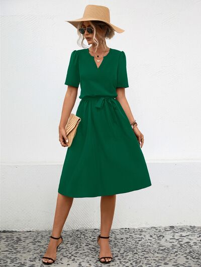 swvws Tied Notched Short Sleeve Dress