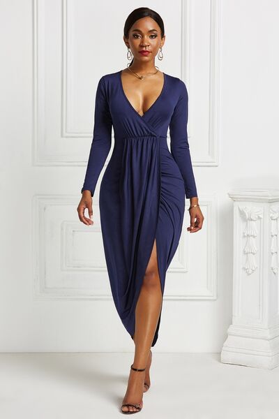 swvws High-low Ruched Surplice Long Sleeve Dress