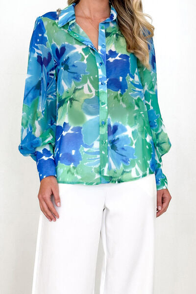 swvws Printed Button Up Lantern Sleeve Shirt