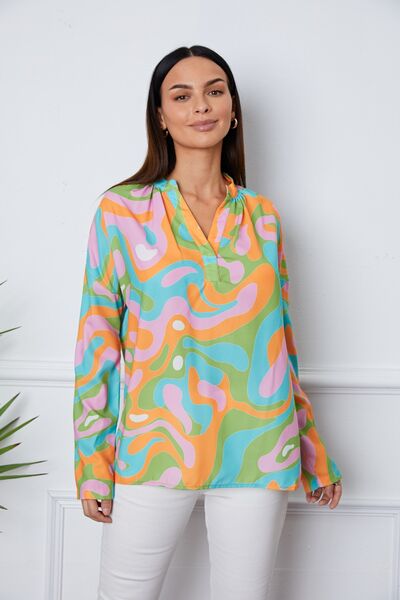 swvws Printed Notched Long Sleeve Blouse