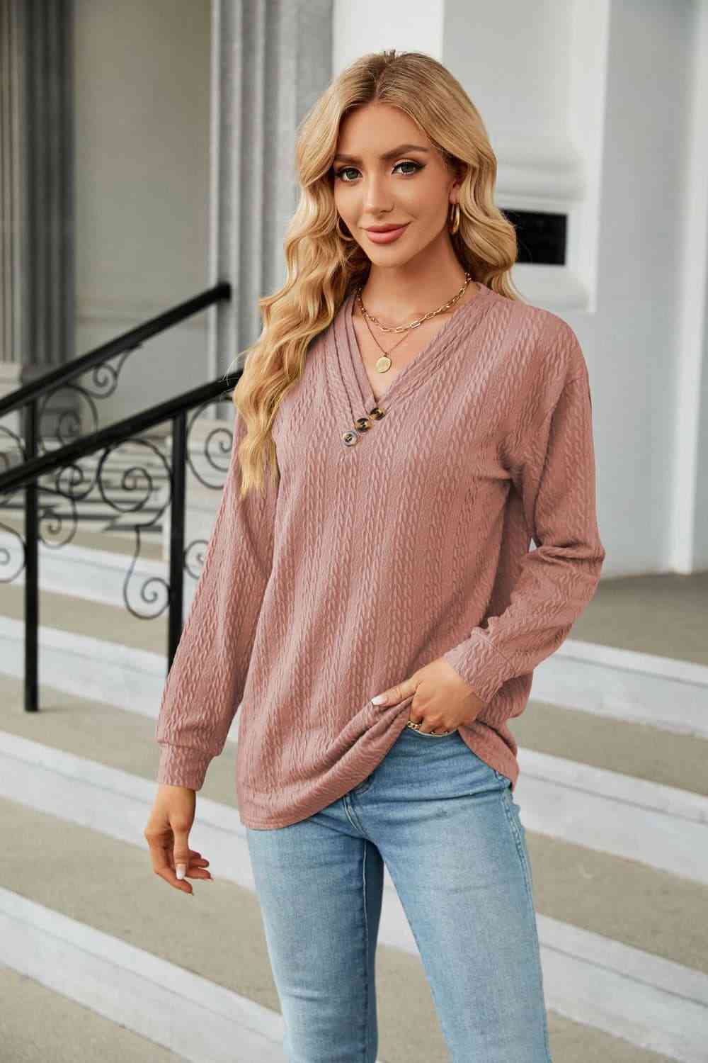 swvws Decorative Button V-Neck Long Sleeve T-Shirt