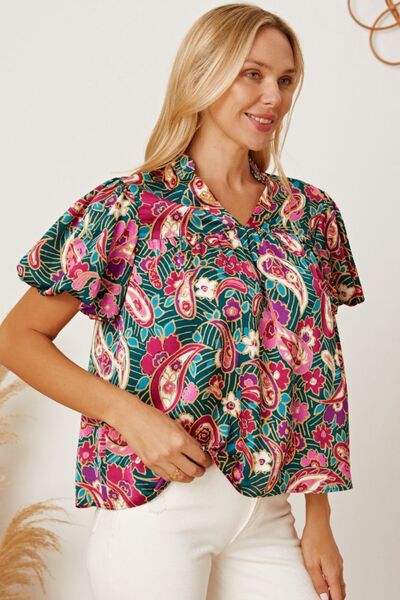 swvws Floral Collared Neck Short Sleeve Blouse