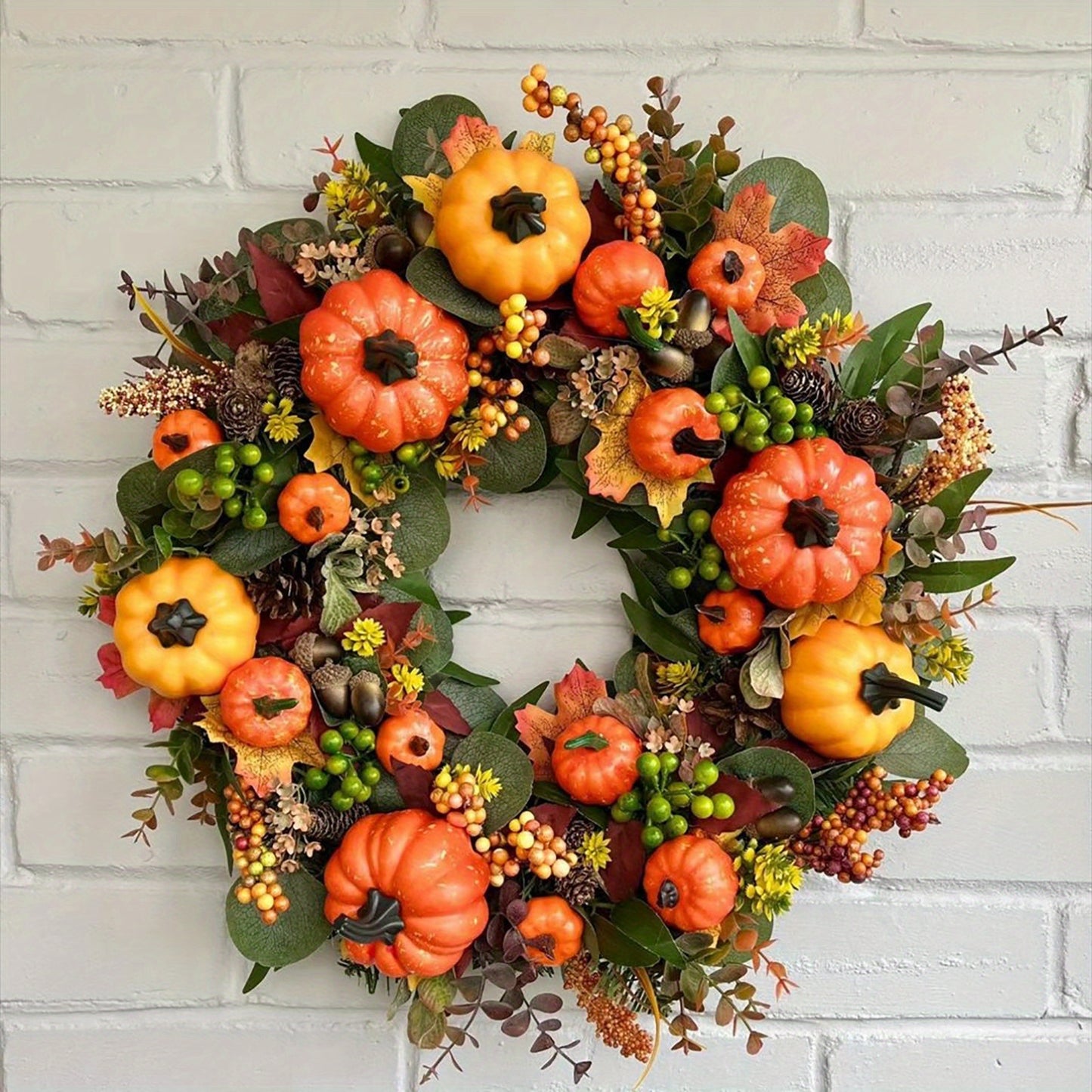 17.7in Fall Wreaths for Front Door with Berry Pumpkin Maple Leaves Autumn Wreath