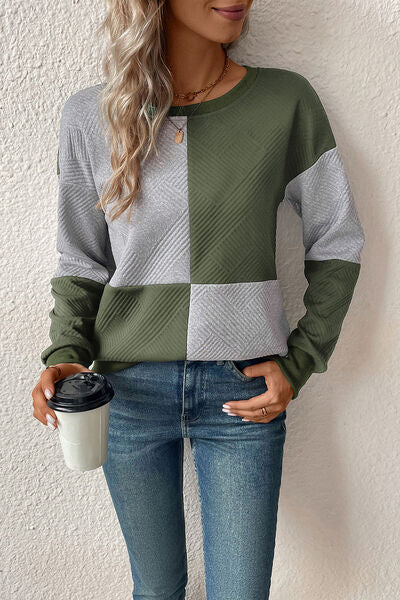 swvws Textured Color Block Round Neck Sweatshirt