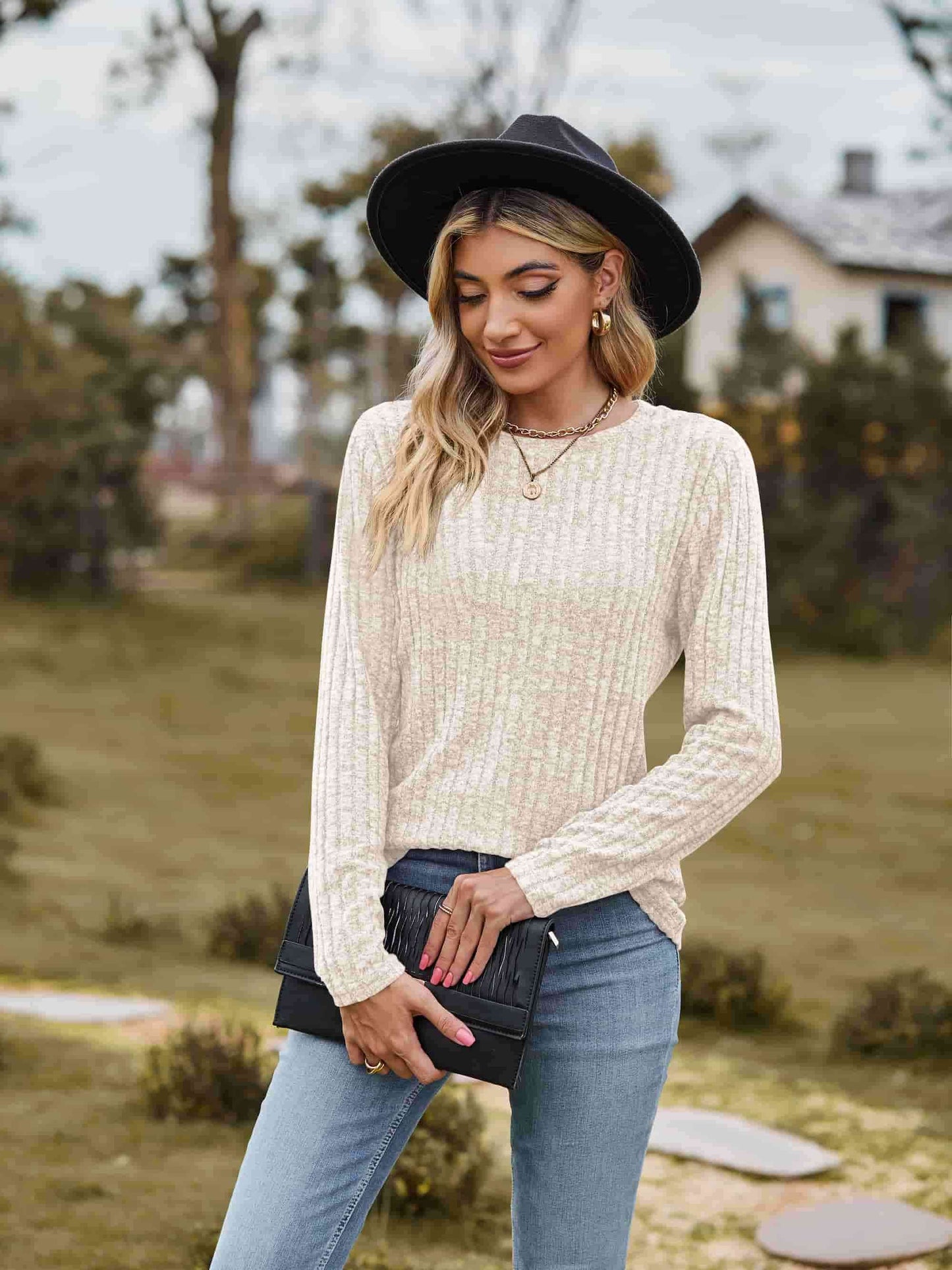 swvws Ribbed Round Neck Long Sleeve Tee