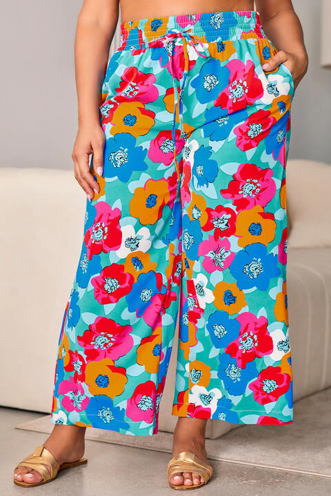 swvws Plus Size Floral Drawstring Wide Leg Pants with Pockets