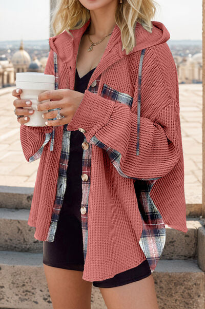 swvws Plaid Waffle-Knit Drawstring Hooded Jacket