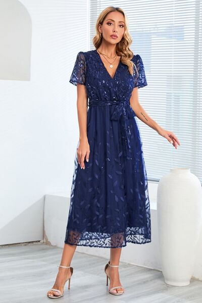 swvws Sequin Leaf Embroidery Tie Front Short Sleeve Dress