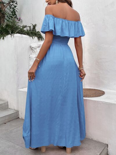 swvws Smocked Ruffled Off-Shoulder Maxi Dress