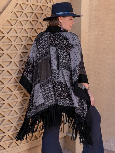 swvws Plus Size Printed Fringe Open Front Outerwear