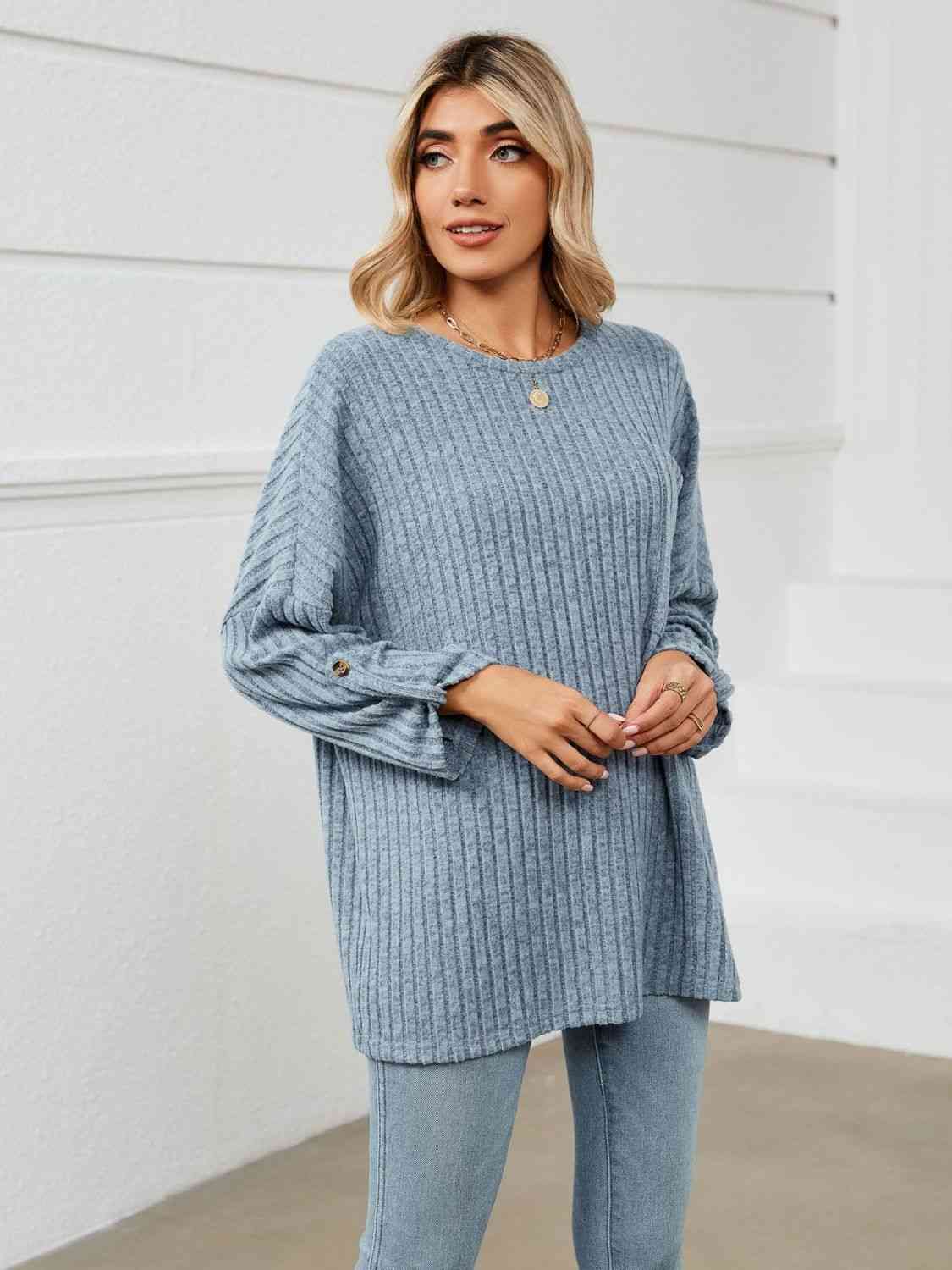 swvws Round Neck Ribbed Long Sleeve T-Shirt