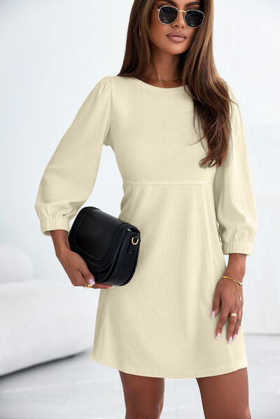 swvws Ribbed Round Neck Balloon Sleeve Mini Dress