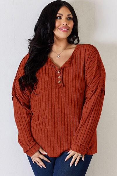 swvws Basic Bae Full Size Ribbed Half Button Long Sleeve T-Shirt