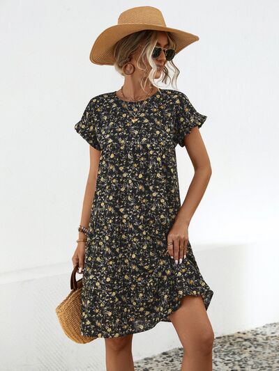 swvws Frill Floral Round Neck Short Sleeve Tiered Dress