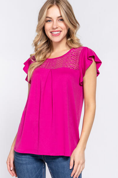 swvws ACTIVE BASIC Ruffle Short Sleeve Lace Detail Knit Top