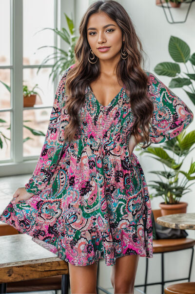 swvws Printed V-Neck Long Sleeve Mini Dress