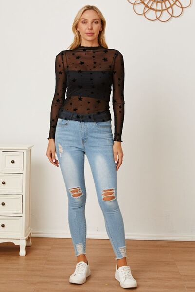 swvws Star Pattern Mock Neck Long Sleeve Blouse