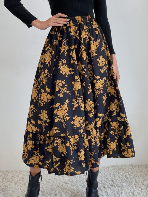 swvws Printed Ruffle Hem Midi Skirt