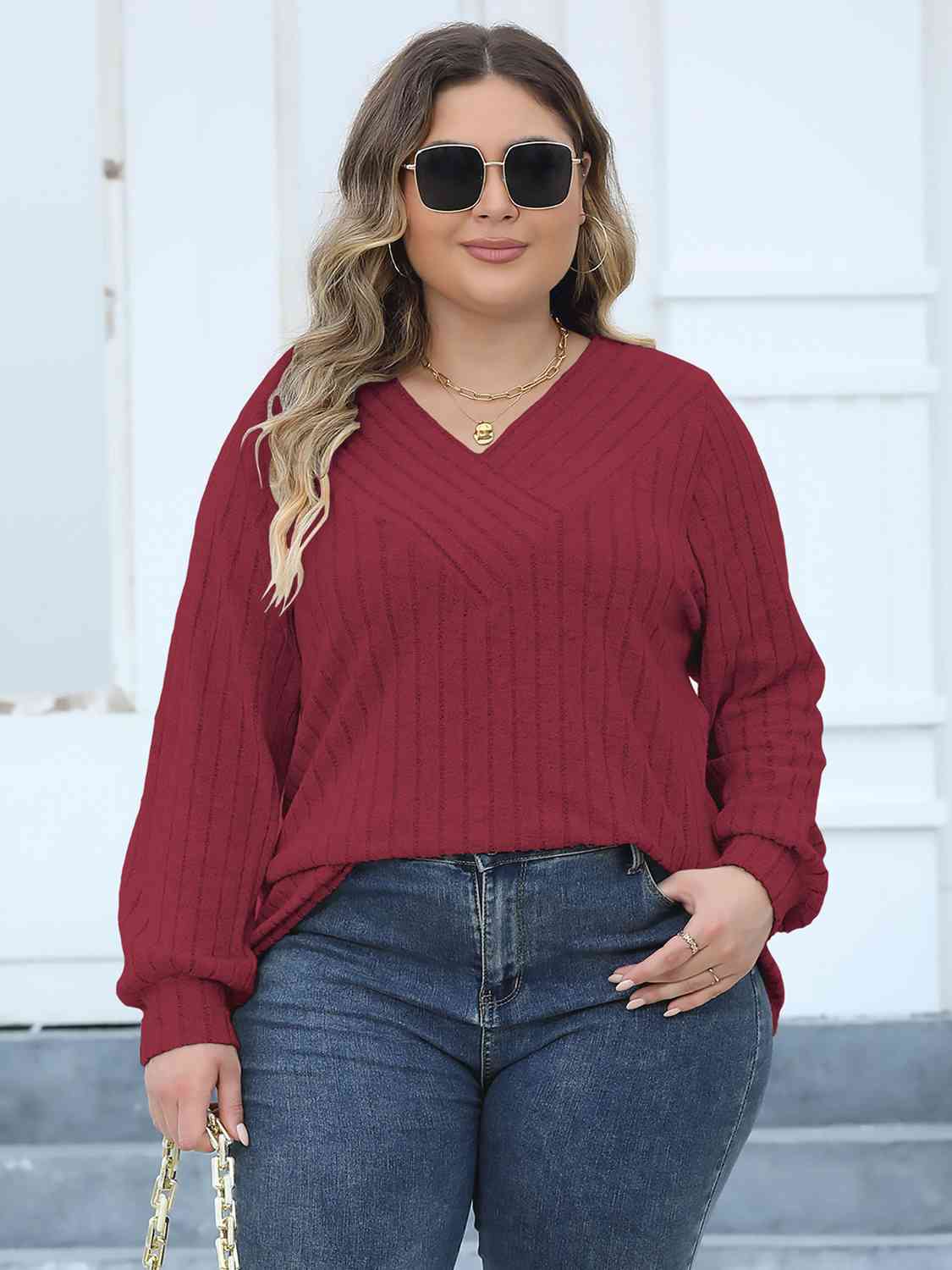 swvws Plus Size Ribbed V-Neck Long Sleeve Top