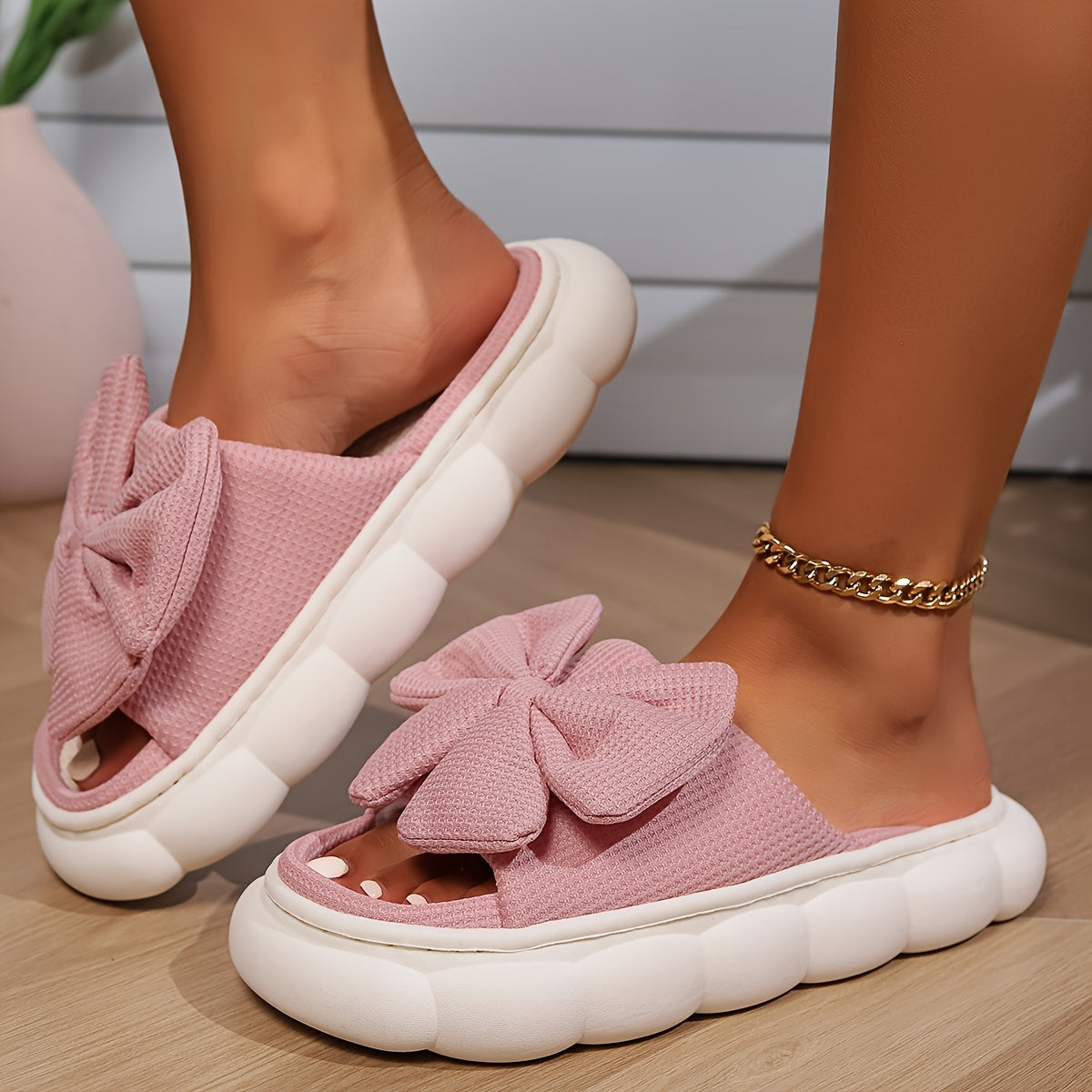 Women's Bow Linen Slippers, Breathable Contrast Color Soft Sole Platform Shoes, Comfy Indoor Floor Slippers