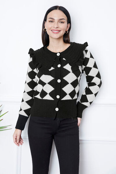 swvws Argyle Element Button Up Ruffled Cardigan