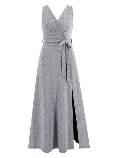 swvws Slit Surplice Tie Waist Sleeveless Dress