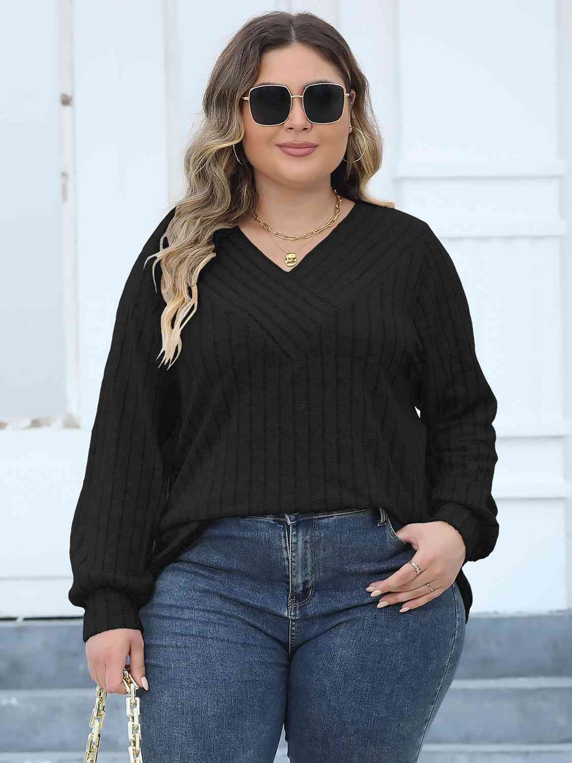 swvws Plus Size Ribbed V-Neck Long Sleeve Top