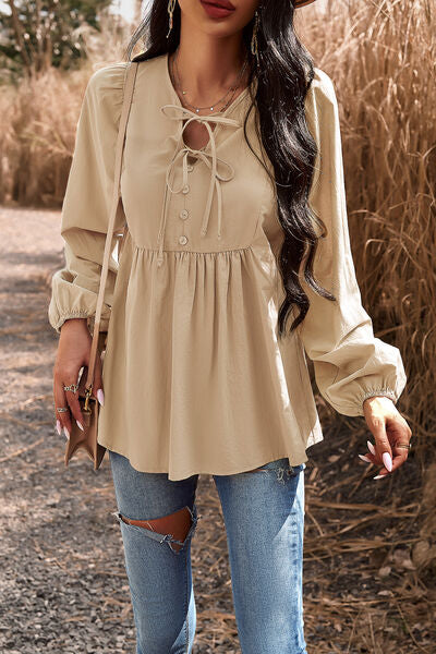 swvws Tied Decorative Button Balloon Sleeve Blouse