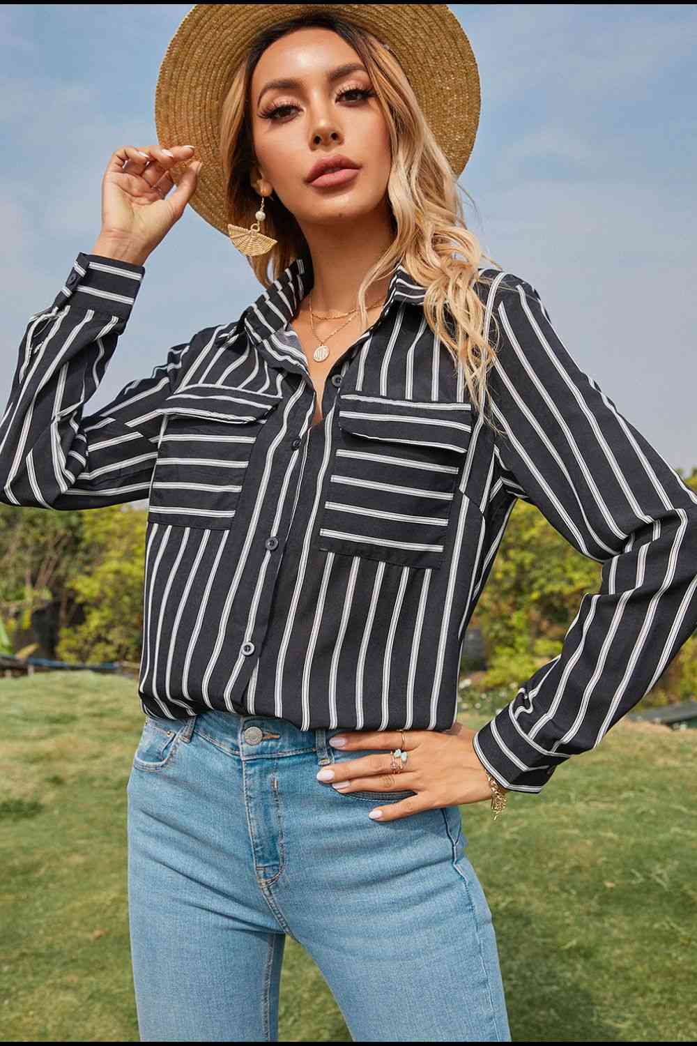 swvws Collared Neck Striped Long Sleeve Shirt