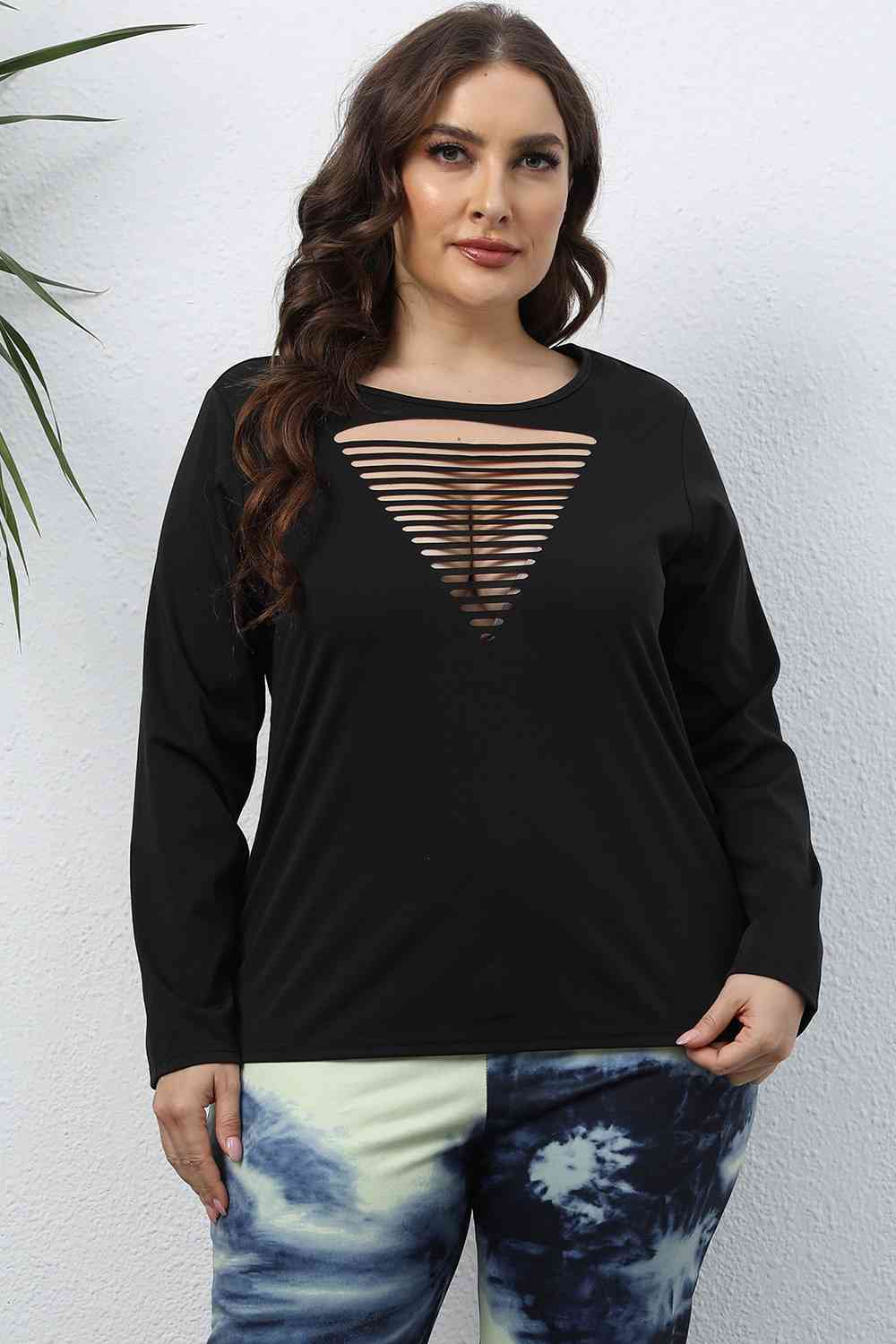 swvws Plus Size Cutout Front Long Sleeve T-Shirt