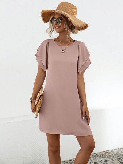 swvws Round Neck Flutter Sleeve Mini Dress