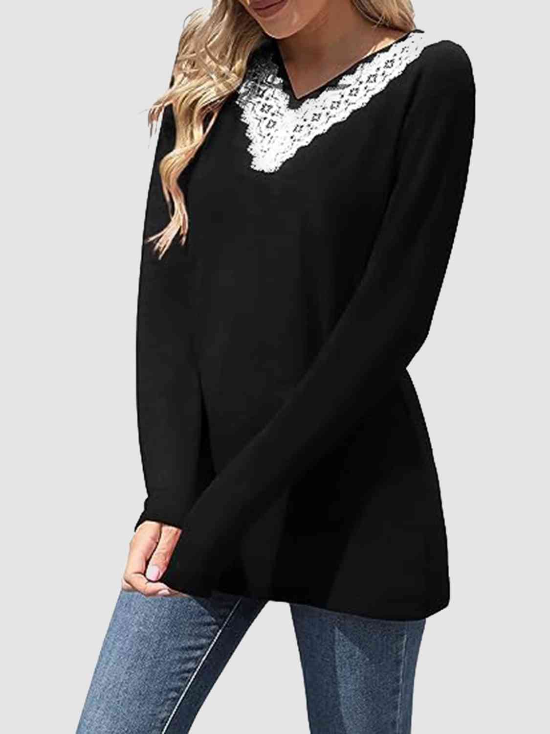 swvws Lace Detail V-Neck Long Sleeve Top