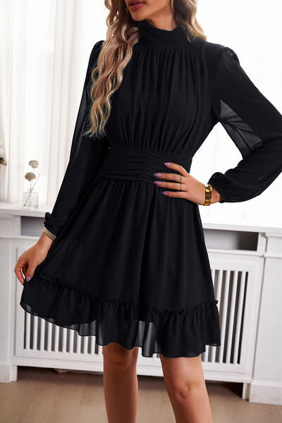 swvws Frill Ruched Mock Neck Balloon Sleeve Dress